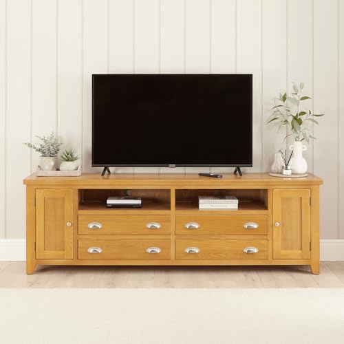 The Furniture Market Cheshire Oak XXL Widescreen TV Stand – Up to 100” TV, Shaker Style, Solid Frame, Natural Finish, Storage Drawers & Cupboards