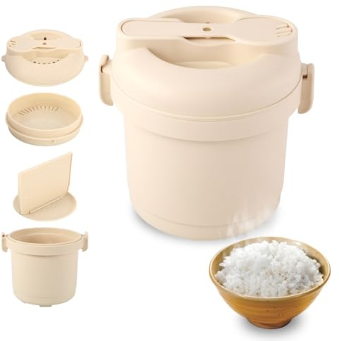 Microwave Rice Cooker, 585ml Microwave Pasta Cooker with Spoon | 120°c Heat Resistant, Split Removable Design with Steamer, Filter and Tray for Easy Cleaning