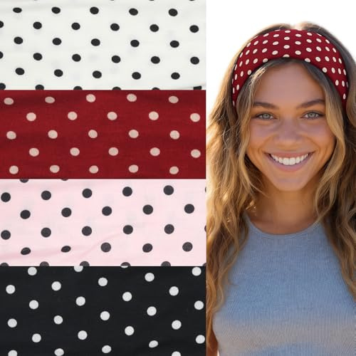 FrostyFlair Haarbänder Damen, 4er Set Stirnband Damen & Haarband Damen, Weiche Breite Polka Dot Haarbänder für Yoga, Workout und Alltag
