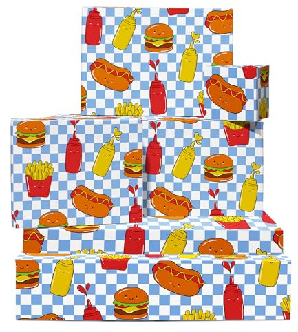 Geschenkpapier für schnelle Gastronomie – 6 Blatt für Männer oder Kinder – Geburtstag Party Picknick – Hamburger, Pommes Frites, kariert, mit Etiketten pro Central 23