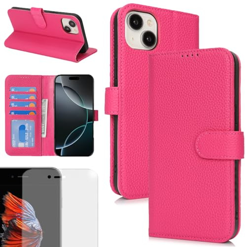 Eximmobile Echt Lederhülle für iPhone 13 in Pink + Glasfolie, Aufklappbare Leder Tasche mit Kartenfächer, Brieftasche mit Standfunktion, Leder Wallet mit RFID Schutz