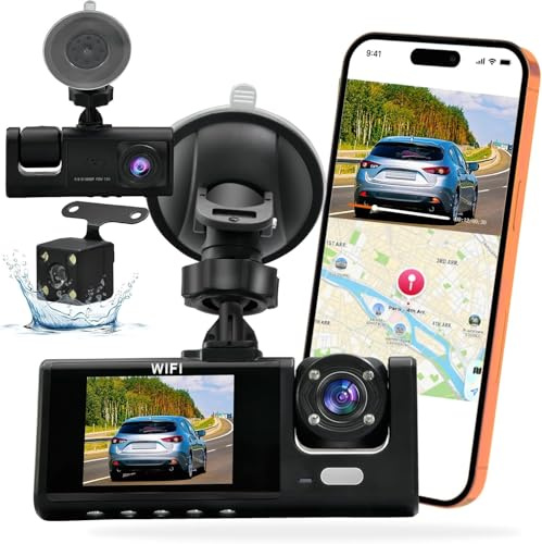 Dash Cam for Cars Front and Rear 1080P Full HD 5GHz WiFi Car Camera Cams In Car Camera Three Lens Dashcam for Cars Front+Cabin+Rear Night Vision, 170°Wide Angle, Loop Recording (Black)