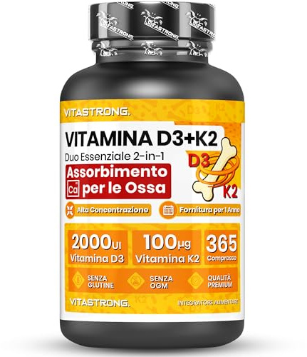 Vitamin D3 + K2 Vitastrong, 365 Hochdosierte Tabletten, Vorrat von 1 Jahr, 2000 IE Vitamin D3, 100 µg Vitamin K2 MK-7, Vegetarisch, Glutenfrei, Gentechnikfrei, Ohne Zusätze, Laborgeprüfte Qualität