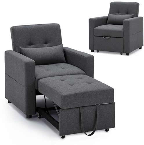 YINIX 3-in-1 Schlafsessel mit Bettfunktion, Ausziehbares Schlafsofa 178x80cm, Verstellbare Schlafcouch mit Kissen und Seitentasche, Sesselbett für Gästezimmer &Kleine Räume, Einfache Montage, Dunkgrey