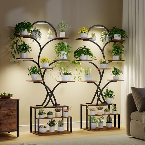Hzuaneri Pflanzenständer mit Wachstumslicht, Metall-Holz-Pflanzenregal mit 10 Etagen und 3 LEDs, Geeignet für Wohnzimmer, Innen & Außenbereich, Garten und Balkon, 168 cm, (Schwarz, 2er Set)