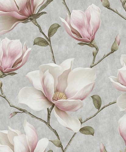 Hexoa Papier Peint Magnolia Rose et Blanc Fond Gris - Made in France - 53x1000