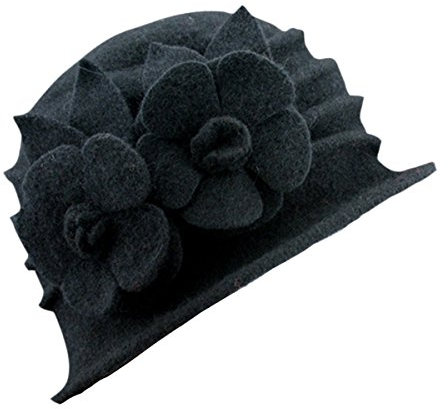 TININNA Damen Frauen Vintage Blume Bowler Hut Fedora Hut Cloche Hut Bucket Hat Wintermütze Schwarz EINWEG Verpackung