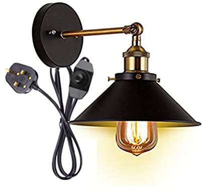 FSLIVING Dimmable Metal Plug in Wall Sconce 1 Light Fixture E27 Lamp Holder Inline Dimmer Switch Black 6 Ft Cord Wall Lamp for Bathroom Dining Room Kitchen Bedroom(Bulb Sold Separately)