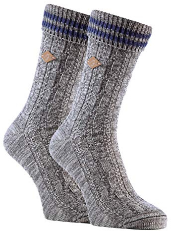 Farah - 2 Pack Mens 1920 Cable Knit Thick Cotton Warm Ribbed Boot Dress Socks with Turn Over Top (6-11 uk, 06 Slate/Medieval Blue)