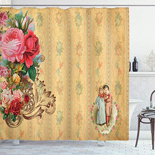 ABAKUHAUS Vintage Duschvorhang, Romantisches Land Roses, Stoffliches Gewebe Badezimmerdekorationsset mit Haken, 175 x 240 cm, Sanbrown Hellrosa und Hot Pink