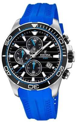 Festina Uhr Für Herren F20370/5 Outlet Silber Edelstahl Case BlauSilikon Band