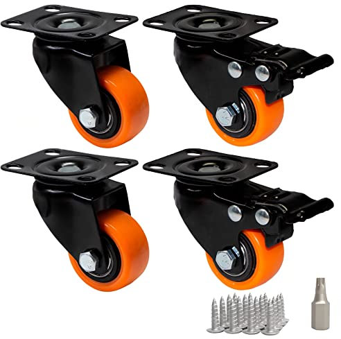 PRIOstahl 4er Set Möbelrollen 40mm Orange - Transportrollen mit Bremse - Schwerlastrollen bis 200kg pro Satz - Lenkrollen für Palettenmöbel Spurlos & Leise für viele Bodenbeläge für Werkzeugwagen
