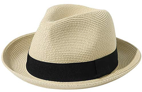 Lanzom Chapeau de paille pliable pour homme et femme - Tresse fine - Fedora - Chapeau de soleil d'été, A-beige., Taille M