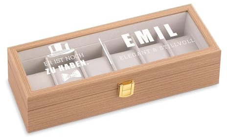 Maverton Uhrenkoffer mit Gravur für 6 Uhren - Uhrenschatulle - personalisiert - Uhrenaufbewahrungsbox aus Holz - braun 31x11x8cm - Geburtstagsgeschenk für Männer - Single