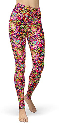 sissycos Damen Tier Muster Leggings, Leoporden Bunte Leggins Sexy, Oil Painting Sanft Hohe Taille Strumpfhose Lang (L-XXL, Orange Hippie-Druck)