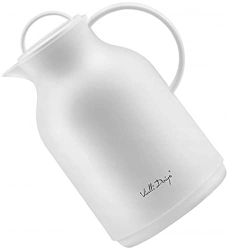 Vialli Design AMO Thermoskanne mit Glasfüllung 1L Weiß | Hält Getränke bis zu 24 Stunden Warm oder Kalt | Für Kaffee, Tee, Säfte, kalte und heiße Getränke