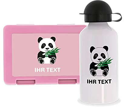 STEMPEL-FABRIK Lunchbox Pink und Trinkflasche mit Design - Panda - Personalisiertes Geschenk - Set - Brotzeitbox - Brotbox und Wasserflasche für Kinder - Einschulungsgeschenke - Kindergarten