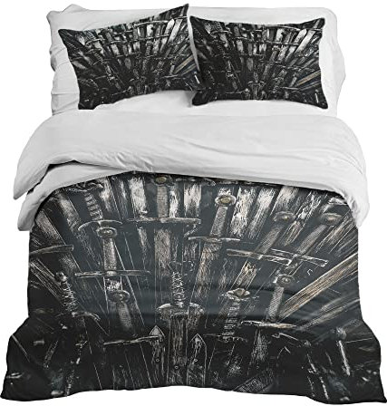Gravity Bettwäsche 3 teilig Set für Gewichtsdecke - Schlaufen Bezugssystem Baumwolle Deckenbezug 150x220cm und 2X Kissenbezug 80x80cm für Erwachsene/Jugendliche Schwerter Thron schwarz