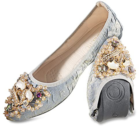 MACHSWON Women Ballet Flats Rhinestone Outdoor Wedding Ballerina Shoes Foldable Sparkly Comfort Slip on Flat Walking Shoes for Ladies(Light Blue Fox Head, Size 5)