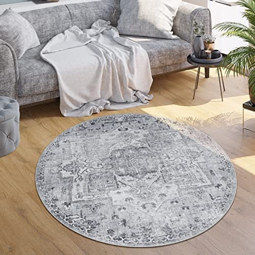 Paco Home Waschbarer Teppich Wohnzimmer Schlafzimmer Vintage Muster Flachgewebe Modern Orientalisch Ornament Pastell, Grösse:200 cm Rund, Farbe:Grau 3