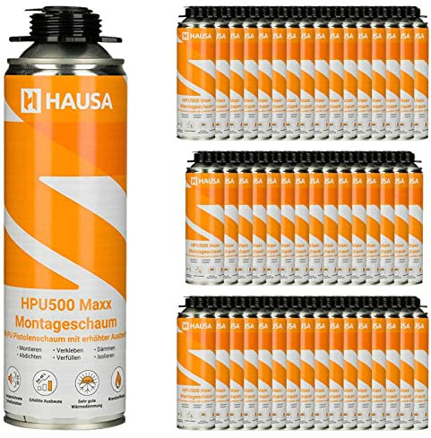 HAUSA Montageschaum HPU500 Maxx 48x 500ml grau B2 Pistolenschaum zum Verfüllen, Dämmen & Abdichten, extrem hohe Ausbeute, ausgezeichnete Dämm- & Isoliereigenschaften, Bauschaum für Schaumpistolen