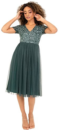 Maya Deluxe Damen Midi-Kleid mit V-Ausschnitt, Verziert Brautjungfernkleid, Emerald Green, 44