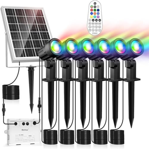 MEIHUA Solarlampen für Außen 6 Stück, Solar Strahler RGB Gartenleuchte mit Fernbedienung, IP66 Wasserdichte 10 Farben 30 Zyklus-Modi RGB Gartenbeleuchtung für Gärten Pfad Weihnachtstag Dekoration