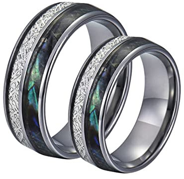 Bishilin Wolframcarbid Ringe für Paar, 8MM Silber Ring mit Shell und Metallfolie Damen Gr.57 (18.1) + Herren Gr.60 (19.1), Hochzeitsringe Partnerringe mit Gravur