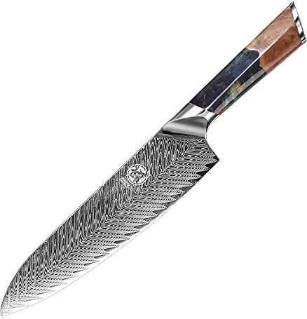MITSUMOTO SAKARI Japanese Damascus Chef Knife, Professional Hand-Forged VG-10 Damascus Santoku Knife, 8.5 inch Ultra Sharp Sushi Kitchen Knife (Nanmu Knife Handle & Sandalwood Box)