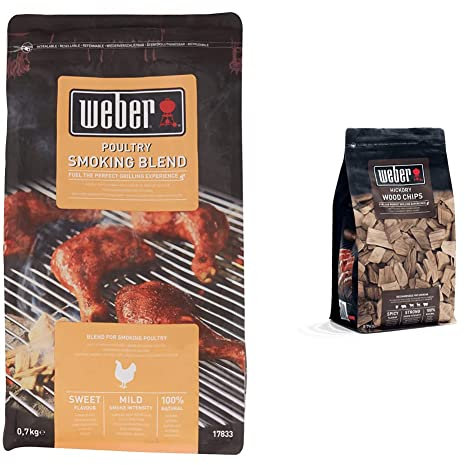 Weber 17833 Poultry Smoking Chips 700 g Wood & 17624 Räucherchips Hickory 700g, Räuchern, Aroma, Grillen, Braun, 17.8x8.9x30.5 cm