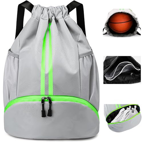 Hoseay Turnbeutel Kordelzug Sportbeutel mit Schuhfach und Nassfach Herren Groß Sportrucksack Wasserdicht Fußball Tasche Leicht Verstellbar Sport Rucksack für Sport Reisen Schwimmen Fitness, Grau