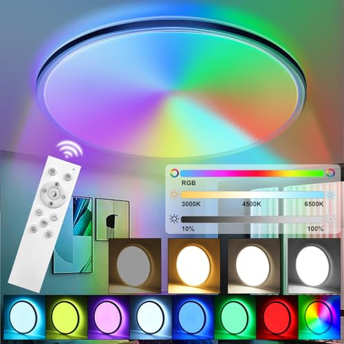 BIAOQINBO LED Deckenleuchte Dimmbar mit Fernbedienung,24W 3000lm RGB Farbwechsel Deckenlampe Rund Flach 3000-6500K für Deckenbeleuchtung Wohnzimmer Schlafzimmer Badezimmer kinderzimmer (Schwarz+RGB)