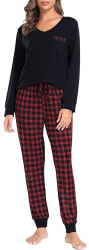 Sopesil Pyjama Femme Manches Longues Pyjama Femme Coton Pyjamas Sets avec Poches Vêtements de Nuit Doux et Confortables pour Femmes A-Rouge,M