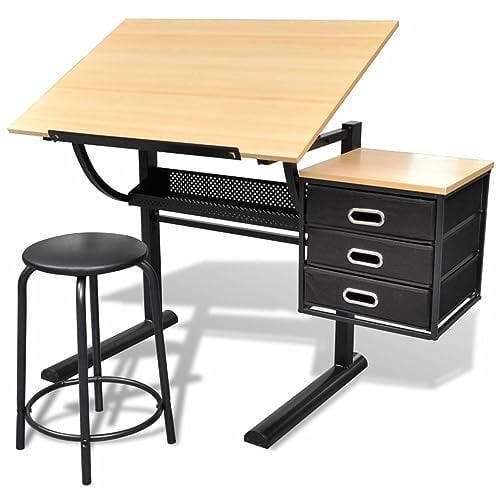 ZEYUAN Zeichentisch mit neigbarer Tischplatte 3 Schubladen und Hocker, Maltisch Erwachsene, Drawing Table, Architekt, Arbeitstisch, Schreibtisch, Zeichenplatte, Zeichenbrett,