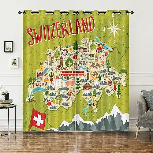 HOSIMA Cartoon-Schweiz-Karte-Vorhänge,Ösenvorhänge,Set mit 2 Vorhängen,Cartoon-Schweiz-Karte-Druck,Kinder-und Jugendzimmervorhänge(Cartoon-Schweiz-Karte M)