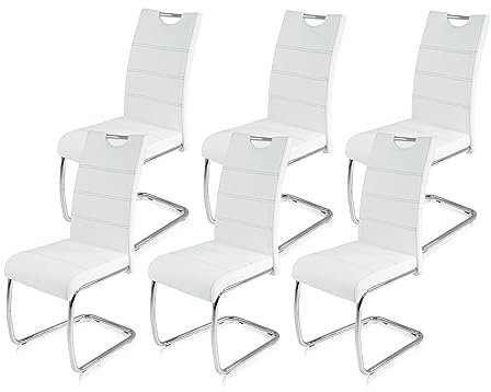 KHG 6er Set Esszimmerstühle Schwingstuhl Polsterstuhl Küchenstuhl Kunstleder Weiß - Design Stuhl Sitzhöhe 48 cm - Freischwinger mit integriertem Griff, für Büro Küche Wohnzimmer