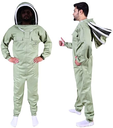 Tuta da apicoltura Professionale Completo in policotone Tuta da apicoltura Cappotto Cappello Giacca e pantaloni da apicoltura per attrezzatura per apicoltori Uomo Donna (Velo fantasia oliva, Medium)