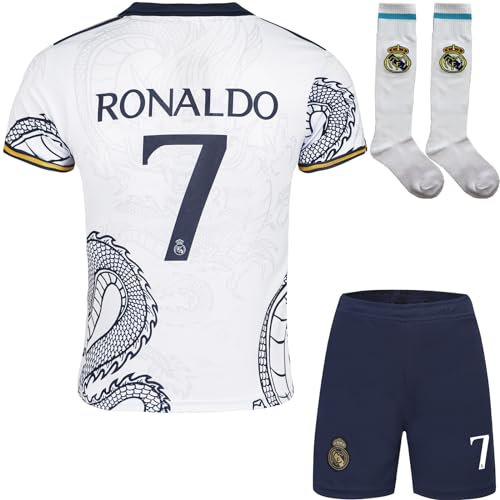 Mokiss R. Madrid #7 Kinder Trikot Fußball Spezielle Weißer Drache Edition, Shorts Socken Jugendgrößen (Weiß,26)