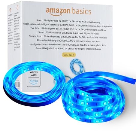 Amazon Basics Striscia luminosa LED intelligente da 5 m, RGBW, Wi-Fi 2,4 GHz, compatibile solo con Alexa, Multicolore