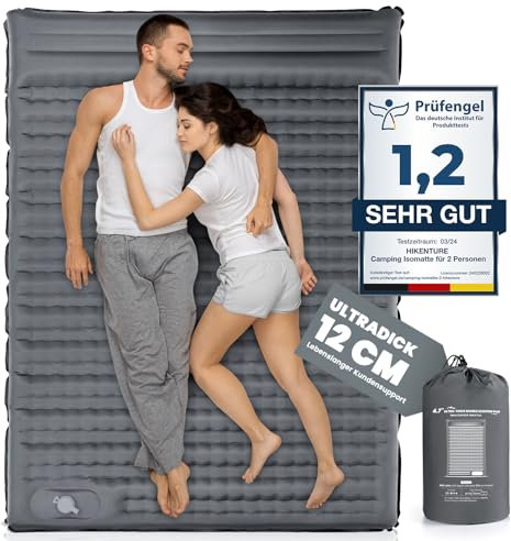 HIKENTURE Isomatte Selbstaufblasend, 12CM Doppel Isomatte Ultraleicht, Camping Isomatte für 2 Personen Aufblasbar, Schlafmatte Luftmatratze Camping Bett mit Fußpumpe für Outdoor, Wandern - Grau A2