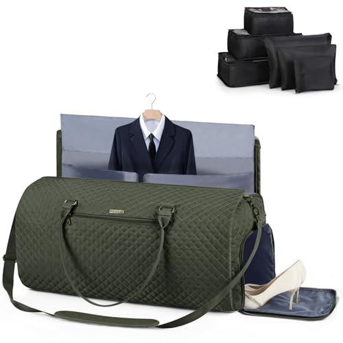 Lekeinchi 2 in 1 Kleidersack Reisetasche Damen, Großer Faltbare Reisetaschen Weekender mit 6 Packwürfeln & Schuhfach, Flugzeug Sporttasche Travel Bag Handgepäck Tasche für Weekend, Reise, Gym-Grün
