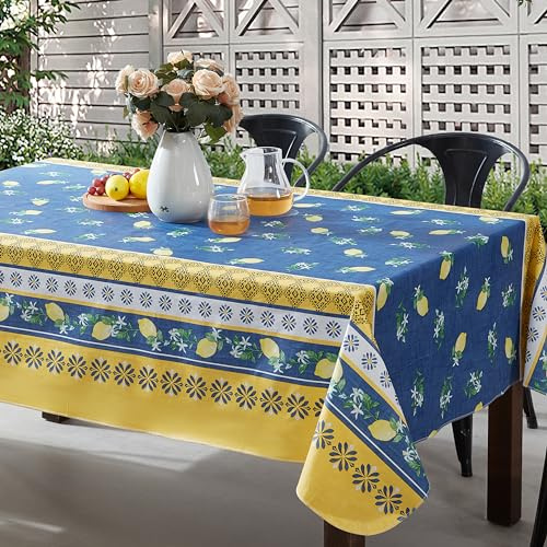 Home Bargains Plus French Country Lemon Grove Vinyl Tablecloth with Flannel Backing, 60 x 102 Inch Rectangle, Blue and Yellow Citrus Lemon Print, Easy Care Wipe Clean Indoor Outdoor Table Cover