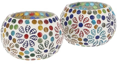 GURU SHOP 2 Handgearbeitete Glas Mosaik Windlichter, Romantisches Windlicht, Mosaik Teelicht, Vintage Teelichthalter - Set 5, 6x9x9 cm