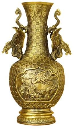 Vase chinois vintage en laiton Fengshui Longévité Décoration d'intérieur Artisanat en métal Jaune Hauteur 26 cm