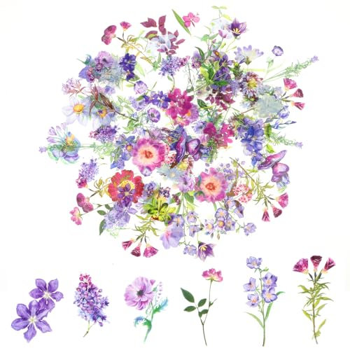 100Pcs Flower Stickers for Scrapbooking, Transparent Lavender Floral Stickers Set for Scrapbook Supplies,Craft, Card, Laptop, (50 Styles)(Lavender Series,2-4 inch) (Purple Theme)