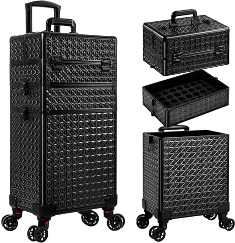 JINGUAN 3 in 1 Rolling Makeup Train Case Cosmetology Case on Wheels, Black