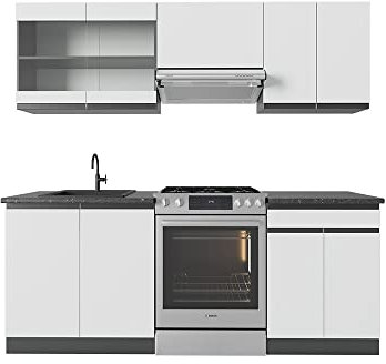 Vicco Küchenzeile R-Line, Küchenblock, Weiß/Anthrazit, 200 cm, AP Anthrazit