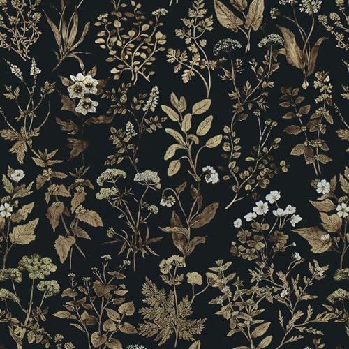 Fiula Blumentapete 44CMx10M Selbstklebende Tapete Blumen Blätter Vinyl Klebefolie Wasserdicht Wandschutzfolie Schlafzimmer Wohnzimmer Möbelfolie Wandtapete Klebetapete Schwarz Gold Dekorfolie Floral