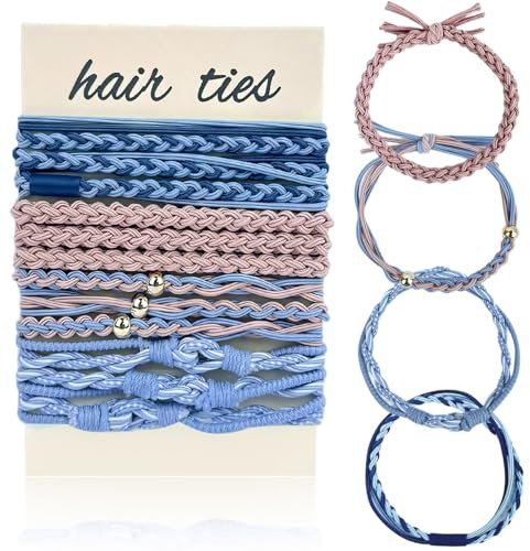 12 Stück Boho-Haargummis, Boho-Haargummis für Frauen und Mädchen, elastische Pferdeschwanzhalter mit Perlen-Haargummis (blaue und rosa Serie)