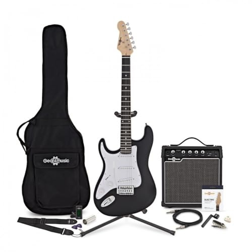 Left-Handed Electric Guitar Pack for Beginners w/ 15W Amplifier | Left-Handed with Comfortable Lightweight Body, 15W Amp with 3-Band EQ and Overdrive, Spare Strings and Gig Bag, Black